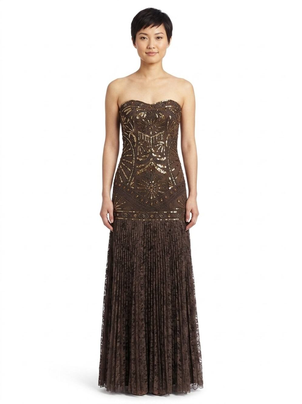 Sue Wong Nocturne Strapless Beaded Sequin Gown Brown Dress Women Size 6